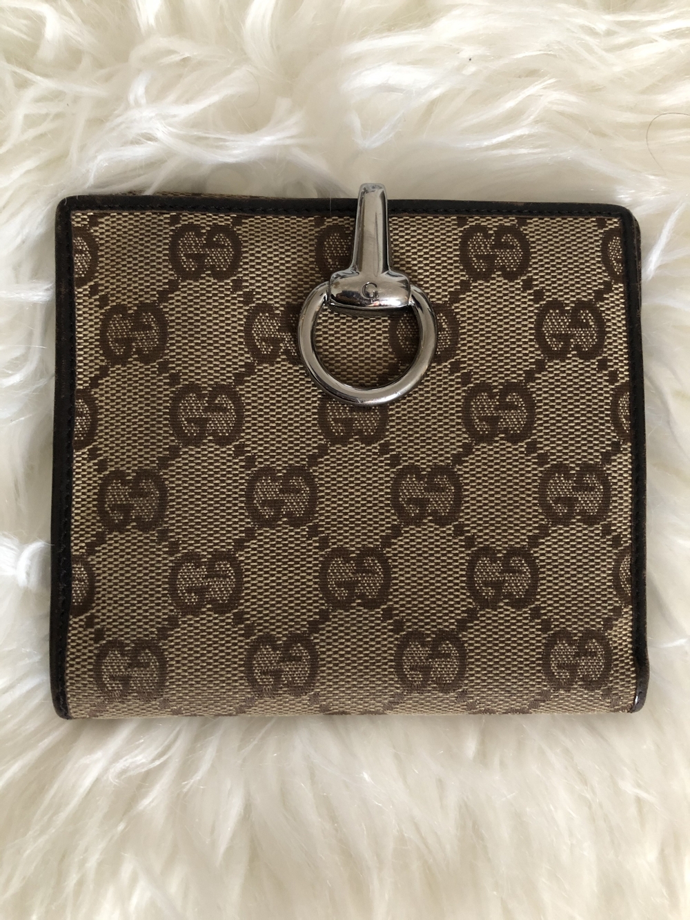 Gucci Beige & Brown GG Canvas Card Holder with Silver Ring